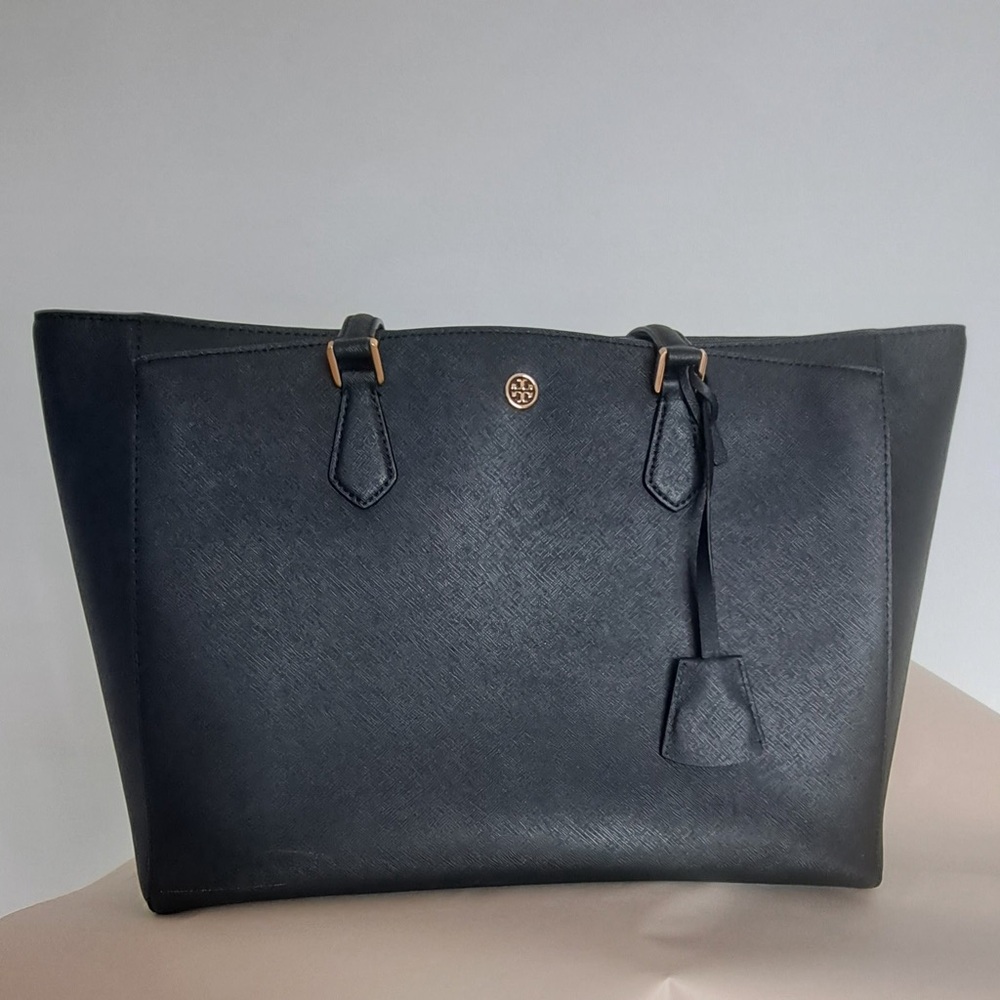 Tory Burch Black Structured Tote with Gold Hardware
